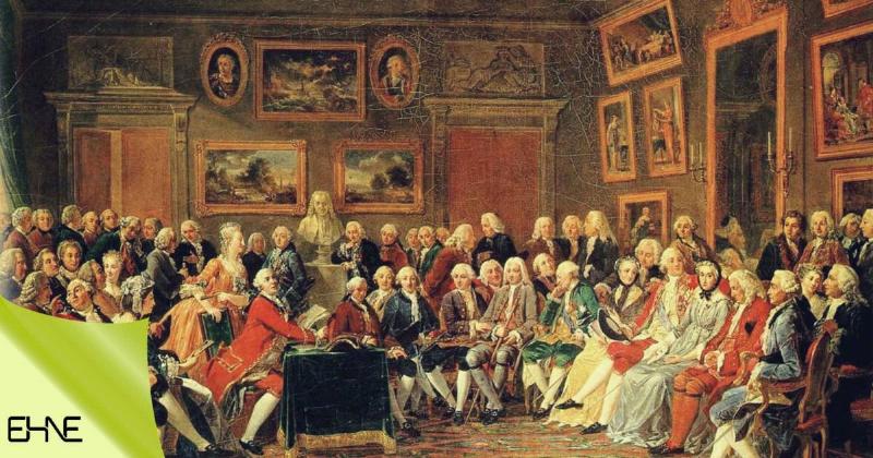 Un salon littéraire français du 17e siècle avec des intellectuels et des écrivains.